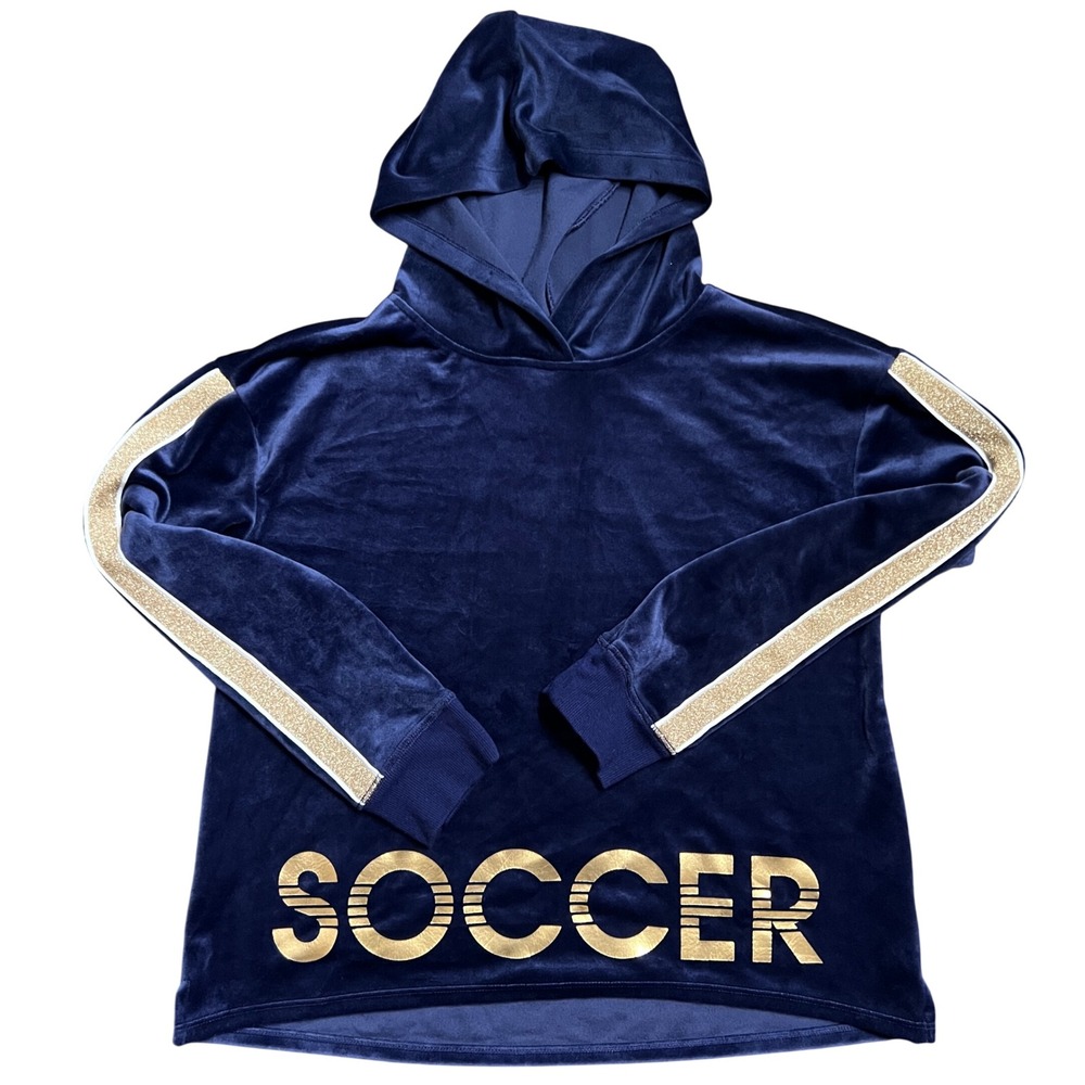Justice Active Velour Soccer Hoodie Girls Size 14/16 Navy Gold‎ Glitter Stripes